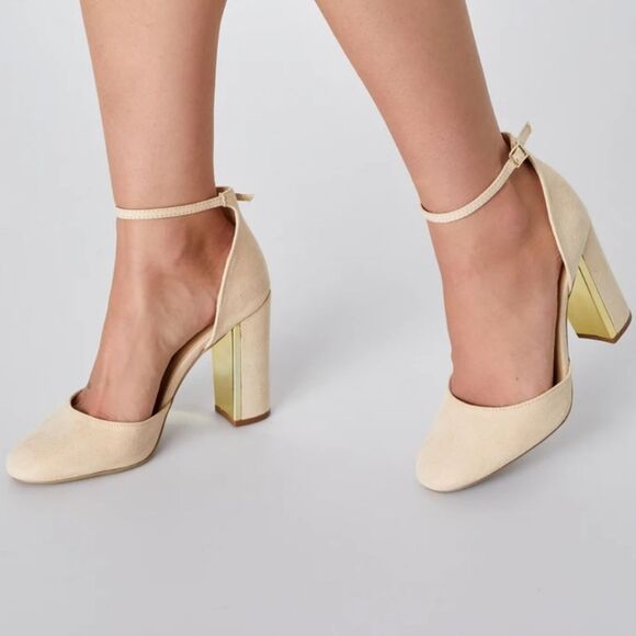 LULUS LAURA ATHLETICA CREAM AND GOLD BLOCK HEELS PUMP - Picture 6 of 16